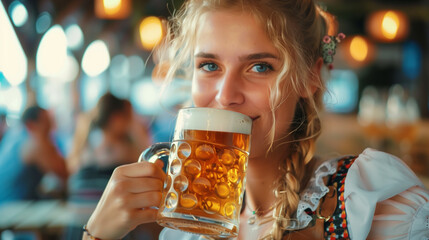 A blonde woman in a Dirndl drinking a beer mug.