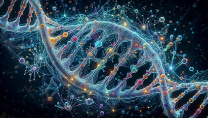 
A fantastic image of a luminous DNA spiral of an extraterrestrial organism, an alien consisting of neural networks