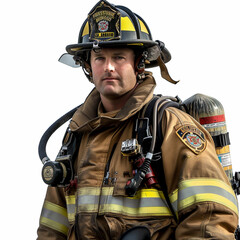 Hero fireman concept, a confident handsome firefighter or fire officer standing on white isolated background vector