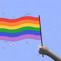 Hand holding rainbow flag symbolizing support of LGBT community and freedom of love against purple background. Contemporary artwork. LGBT, equality, pride month, support, love, human rights concept