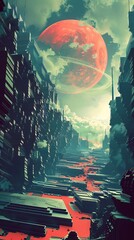 A digital painting of a city on a distant planet