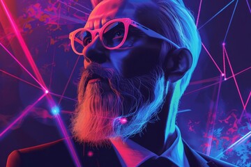 stylish pop art portrait of modern man with white beard elegant suit neon cyber lights futuristic...