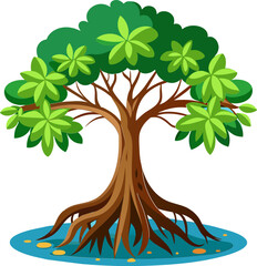 Mangrove Tree with Roots and Green Leaves Vector Illustration
