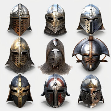 Knight warrior helmet, heraldry armor of medieval soldier, ancient roman gladiator or spartan fighter. Vector great helm or armet with visor, old metal armor front view of trojan army warrior