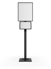 Trade show kiosk floor stand banner with digital screen touch tablet blank template, 3d illustration.