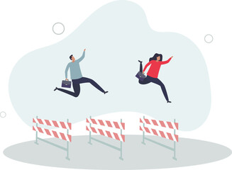 confident businesswoman leader jump high over hurdles to be winner.flat vector illustration.
