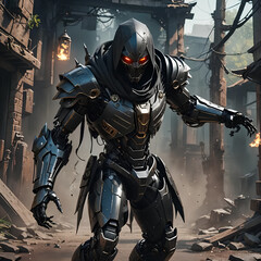 Fototapeta premium A hooded robot takes a fighting stance.