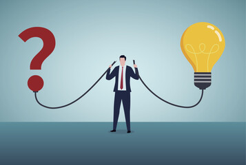 Problem solution - Man holding a broken cable, trying to connect a question mark to light bulb vector illustration concept for banner, website, illustration, landing page, flyer, etc.