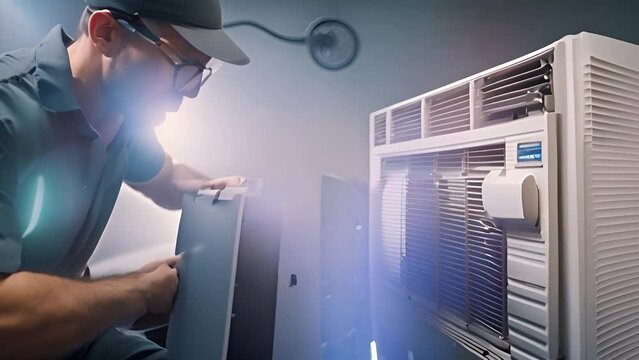 Man Inspecting Air Conditioner in Room Generative AI
