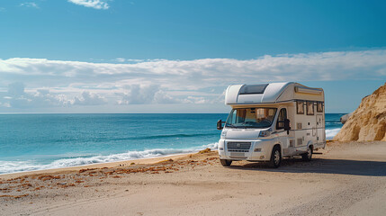 Rv motorhome camping on beach in summertime, off-grid lifestyle, vacations