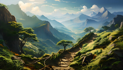 From uncharted trails along the mountainside on digital art concept.