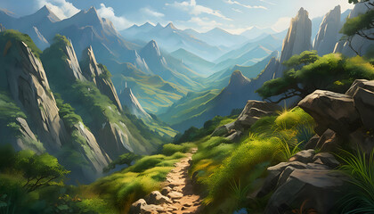 From uncharted trails along the mountainside on digital art concept.