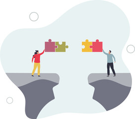 business people connect jigsaw piece together to build the bridge to cross the gap.flat vector illustration.