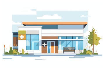 A modern medical clinic or hospital building with a large glass window and a green lawn outside