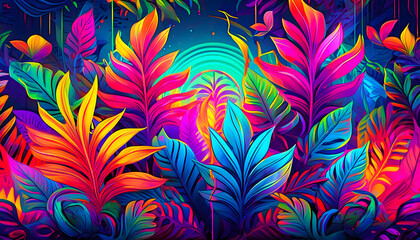 Neon tropical jungle large foliage banner on digital art concept.