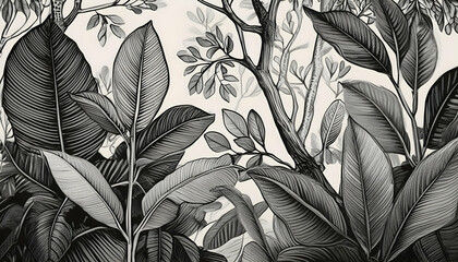 Abstract trees background black and white illustrations of house plants on digital art concept.