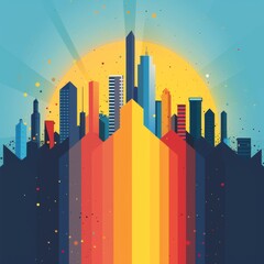 Abstract multicolored skyscrapers and sun. Flat illustration