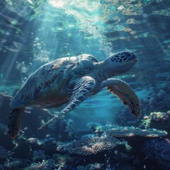 Naklejka na ściany i meble Turtle Exploring Underwater.World