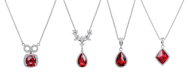 Set of beautiful red ruby with diamond pendant necklaces isolated on transparent background. Generative AI