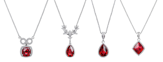 Set of beautiful red ruby with diamond pendant necklaces isolated on transparent background. Generative AI