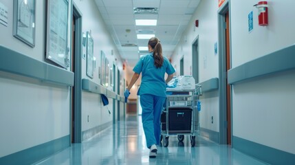 Nurse Pushing Medical Cart in Hospital Corridor