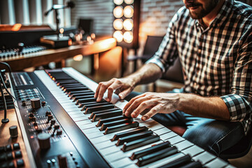 close-up musician s fingers playing electronic key. ai generative