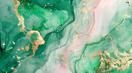 Fototapeta premium Artistic watercolor of fluid art, green paint spilling into golden veins and liquid rose marble, giving the illusion of flowing luxury wallpaper
