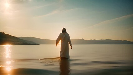 Jesus Walking on Water at Sunset Generative AI
