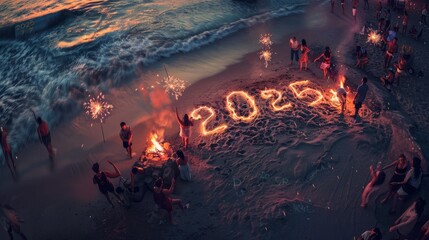 New Year Beach Event with Glowing 2025 in Sand