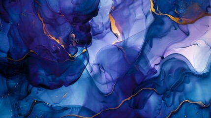Abstract art prompt showcasing blue and purple ink stains merging together, with delicate dark blue veins and hints of gold throughout