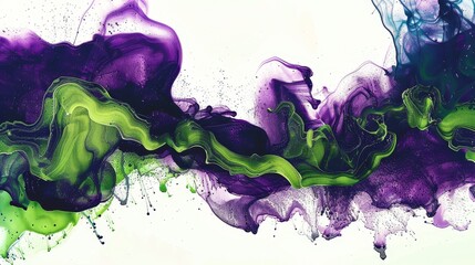 Fototapeta premium Abstract ink stain art with spots of deep purple and vivid green, elegantly intertwined with dark blue veins across the composition