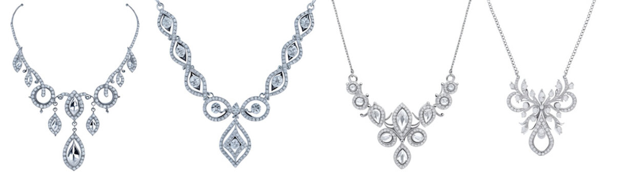Set of designer white gold diamond necklaces collection isolated on transparent background. Generative AI
