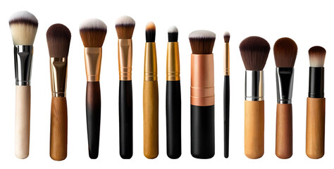 Set of luxury beauty cosmetic makeup brushes isolated on transparent background. Generative AI