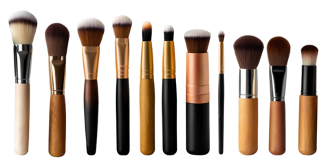 Set of luxury beauty cosmetic makeup brushes isolated on transparent background. Generative AI