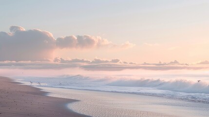 Serene Sunrise Over Sandy Beach, Soft Pastel Sky