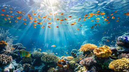 Sunlight Dappled Coral Reef Teeming with Marine Life