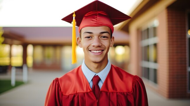 Happy college graduate student in academic hat and red gown. Smiling young man celebrates finishing of education program in university yard. Joyful student with mortar board