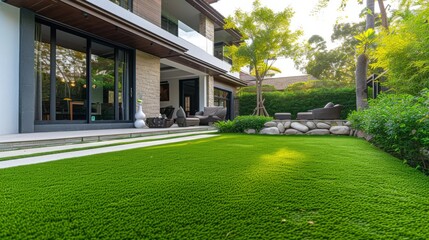 The outside of the house is decorated with artificial lawn showing off the perfect greenery