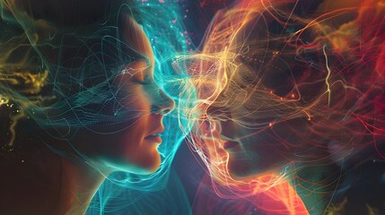 Futuristic Telepathic Connection of Minds in Colorful Energy Flow
