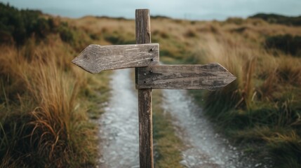 Metaphorical meaning of fork in the road weathered wooden sign