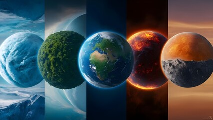 Set of fantasy planets isolated on transparent background.