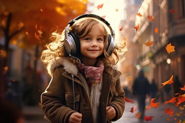 Happy schoolgirl goes to school and listens to her favorite music in headphones. Happy childhood. Happy little girl listen to music. Small child with happy smile.