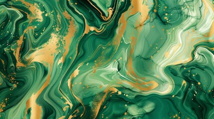 Dynamic watercolor design of swirling green and gold paints, the fluid marble pattern enhancing the luxury wallpaper appeal