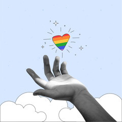 Hopeful image of hand reaching for rainbow heart captures LGBTQ community journey towards equality against blue background. Contemporary art collage. LGBT, equality, pride month, support, love