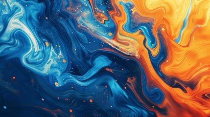 Liquid Swirl Transition, Close-up of vibrant, swirling paint mixing in slow motion, transitioning from a deep blue to a fiery orange, perfect for dynamic video sequences