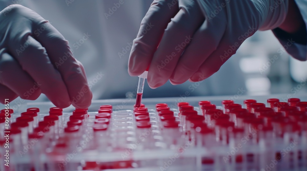 Wall mural hands of laboratory workers holding a microplate and adding reagents to blood samples in precise mea