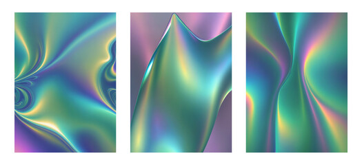 Set of abstract backgrounds, holographic iridescent gradient, green blue colors, png isolated