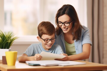 Photo of a Caucasian mother help her son with homework. Home education concept. They writes down solutions of tasks in his notebook.