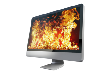 Computer on a fire isolated on transparent background