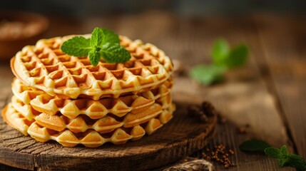 Baked waffles, with a close up shot of a stack of fluffy waffles on a rustic wooden table